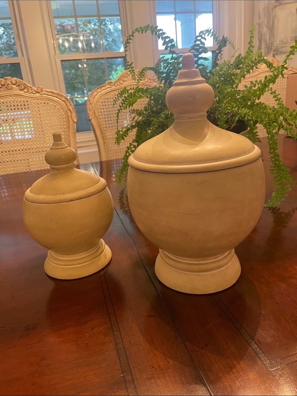 Two beautiful Wooden Decorative Lidded Urn Jars- cream with light yellow tint.